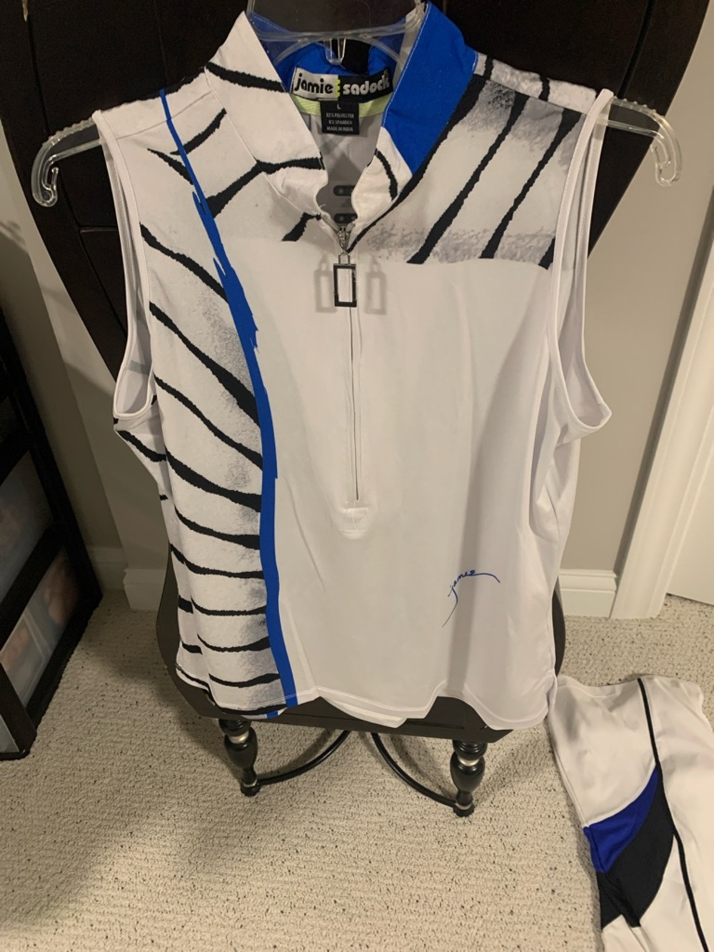 jamie sadock White Golf Top with Blue and Black Graphic Accents